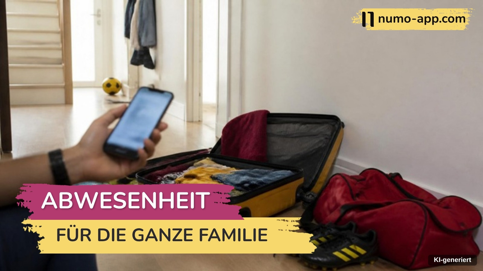 Hand mit Smartphone vor einem offenen Koffer und einer Sporttasche im Flur, um für die Familie eine Abwesenheit einzutragen