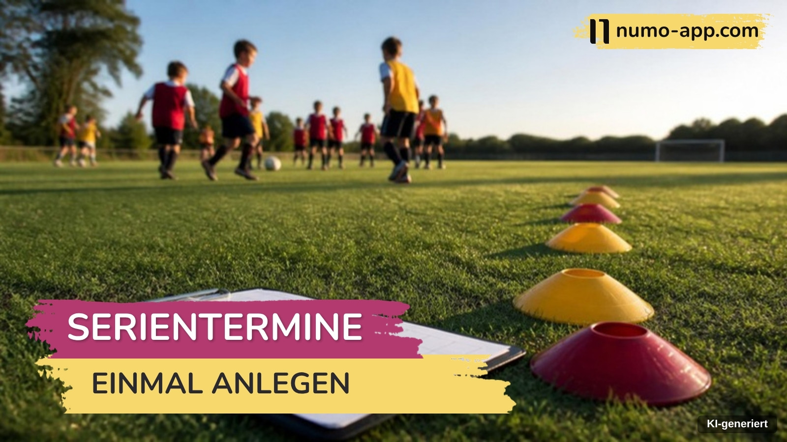 Klemmbrett und eine Reihe bunter Hütchen auf dem Rasen, im Hintergrund laufen Kinder in Leibchen beim regelmäßigen Training