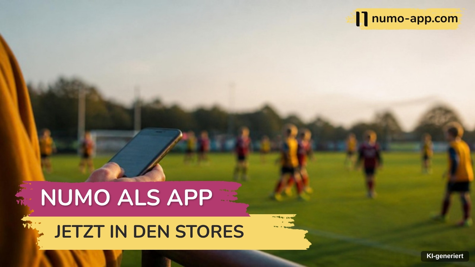 Hand hält ein Smartphone am Spielfeldrand, dahinter spielen Jugendmannschaften in der Abendsonne auf dem Fußballplatz