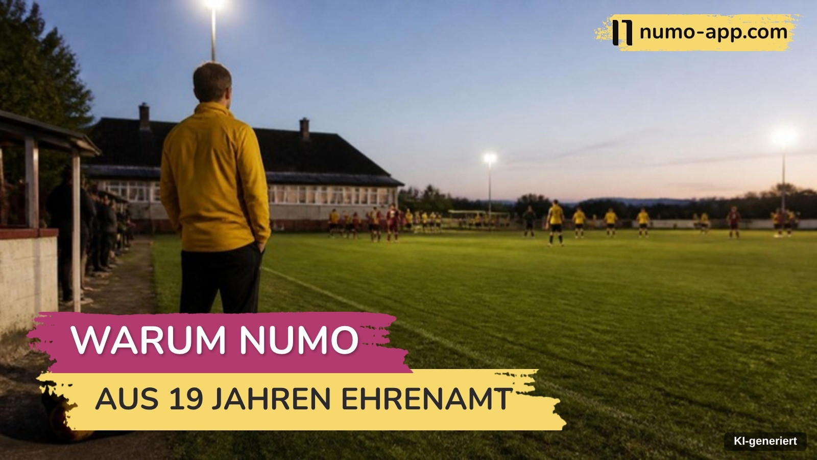 Mann in gelber Jacke steht von hinten gesehen am Rand eines Flutlichtplatzes und schaut abends einem Vereinsspiel zu
