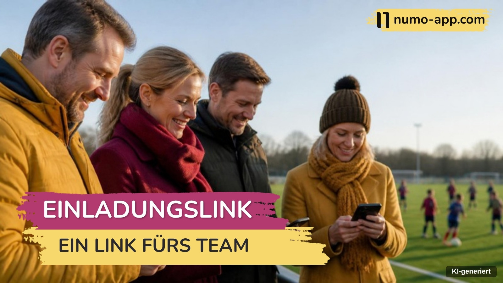 Vier Eltern stehen lächelnd am Fußballplatz und schauen auf ihre Handys, um gemeinsam dem Team ihrer Kinder beizutreten