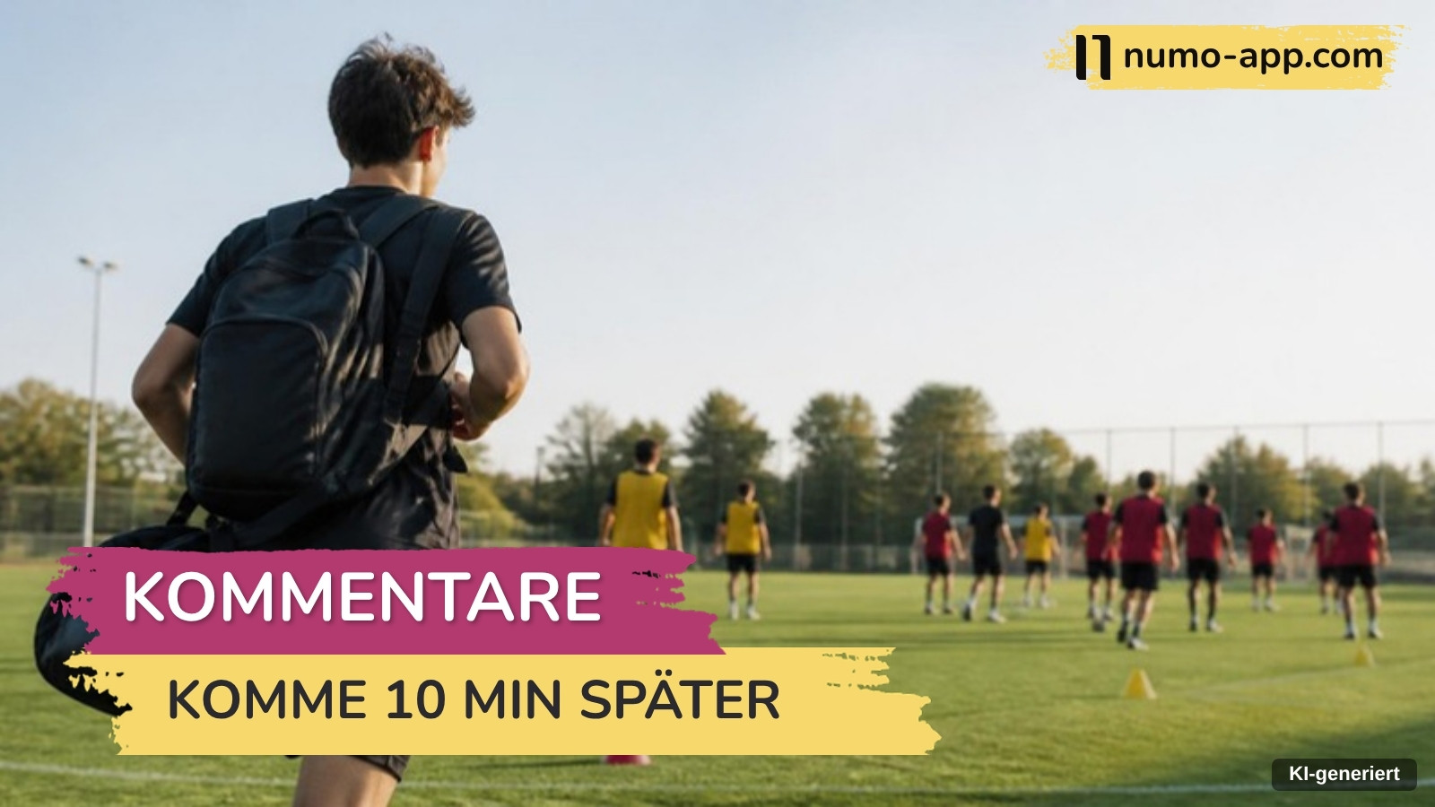 Spieler mit Rucksack läuft von hinten gesehen verspätet auf den Trainingsplatz, wo das Team schon mit dem Aufwärmen begonnen hat