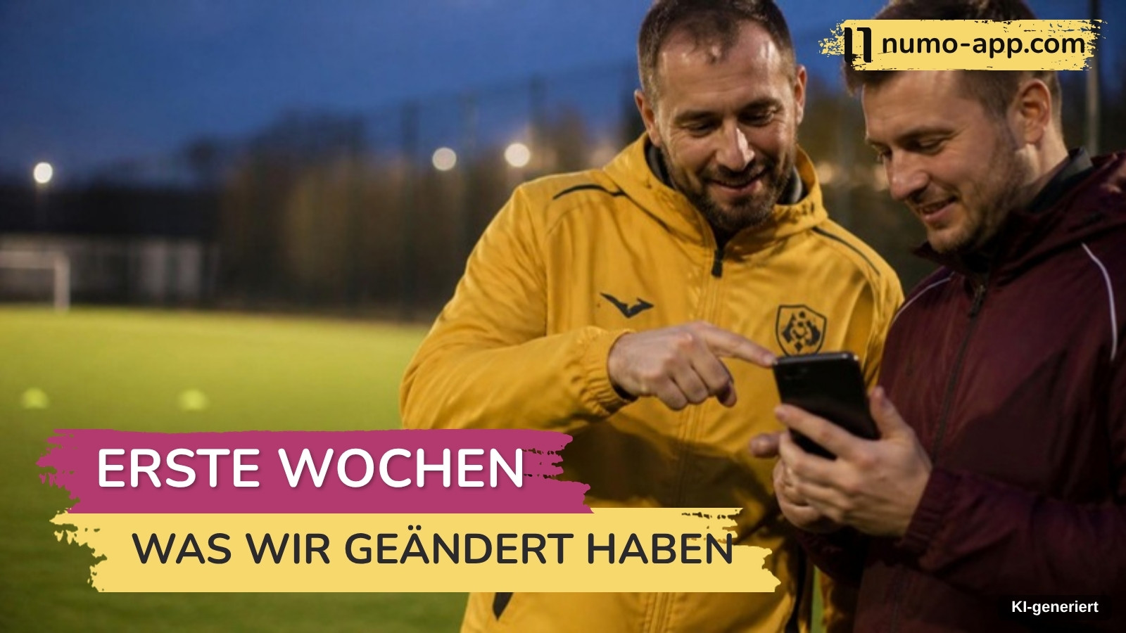 Zwei Trainer stehen abends unter Flutlicht am Platz, einer zeigt dem anderen etwas auf dessen Smartphone und beide lächeln