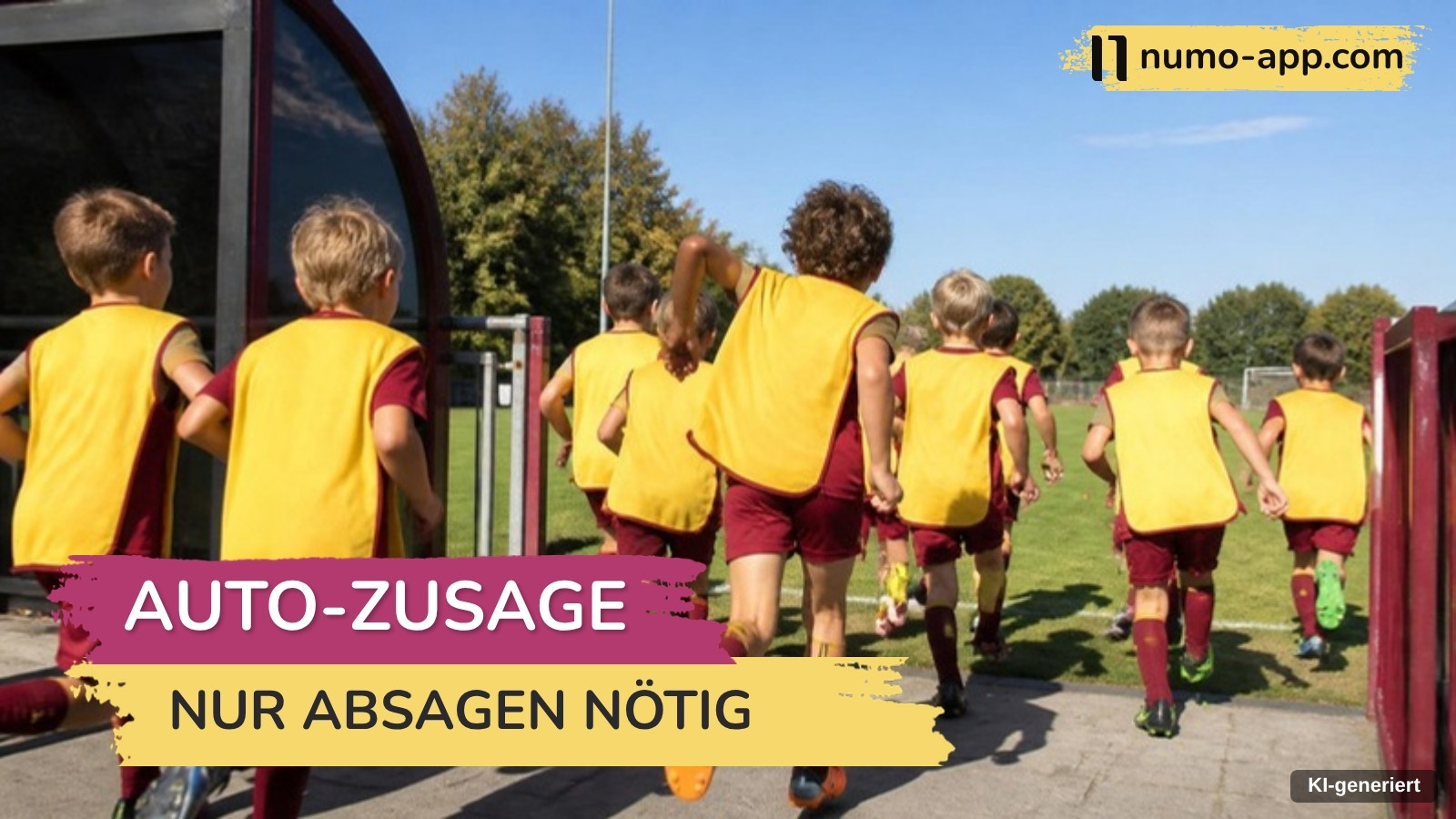 Kinder in gelben Leibchen laufen von hinten gesehen gemeinsam aus dem Kabinengang auf den sonnigen Trainingsplatz