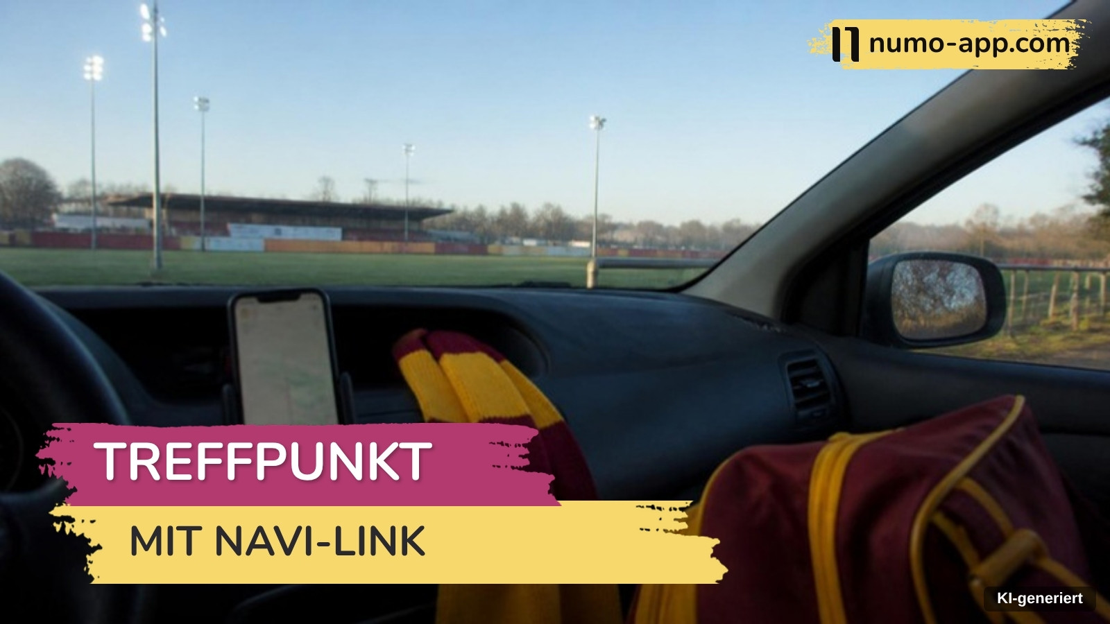 Blick aus dem Auto auf einen fremden Sportplatz mit Flutlicht, das Handy mit Navigation steckt in der Halterung am Armaturenbrett