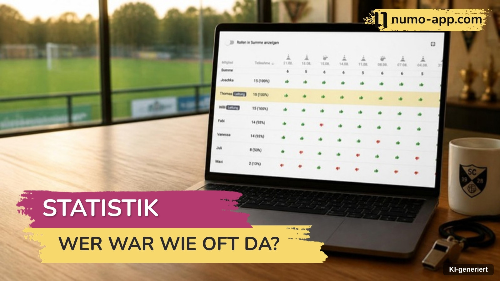 Laptop im Vereinsheim zeigt eine Tabelle zur Trainingsbeteiligung der Spieler, daneben Vereinstasse und Pfeife, draußen der Platz