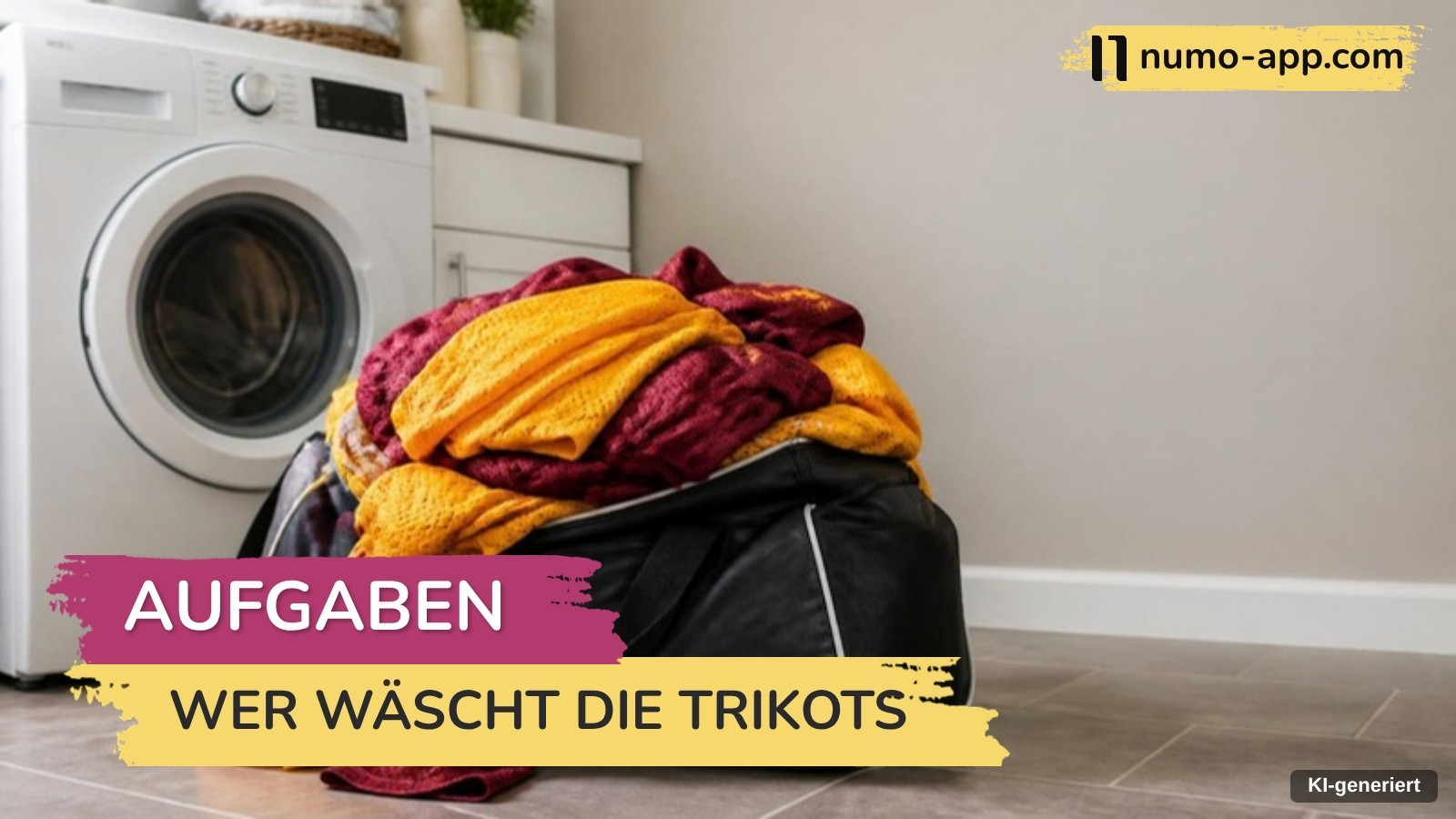 Sporttasche voller gelber und weinroter Trikots steht vor einer Waschmaschine und wartet nach dem Spieltag auf die Wäsche