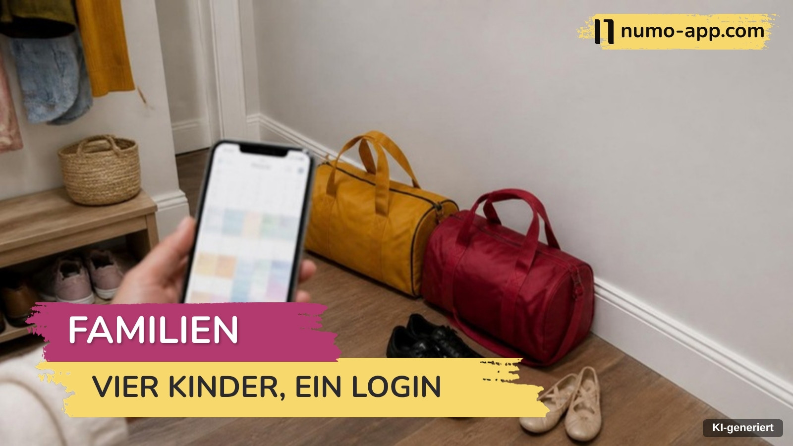 Hand hält ein Smartphone mit Familienkalender im Flur, daneben stehen zwei Sporttaschen und Kinderschuhe für mehrere Teams