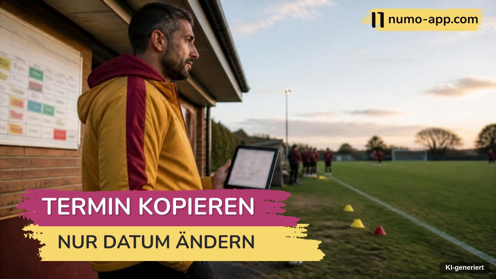 Trainer mit Tablet steht am Vereinsheim neben einer Pinnwand mit Spielplan und blickt auf das Team beim Aufwärmen am Platz