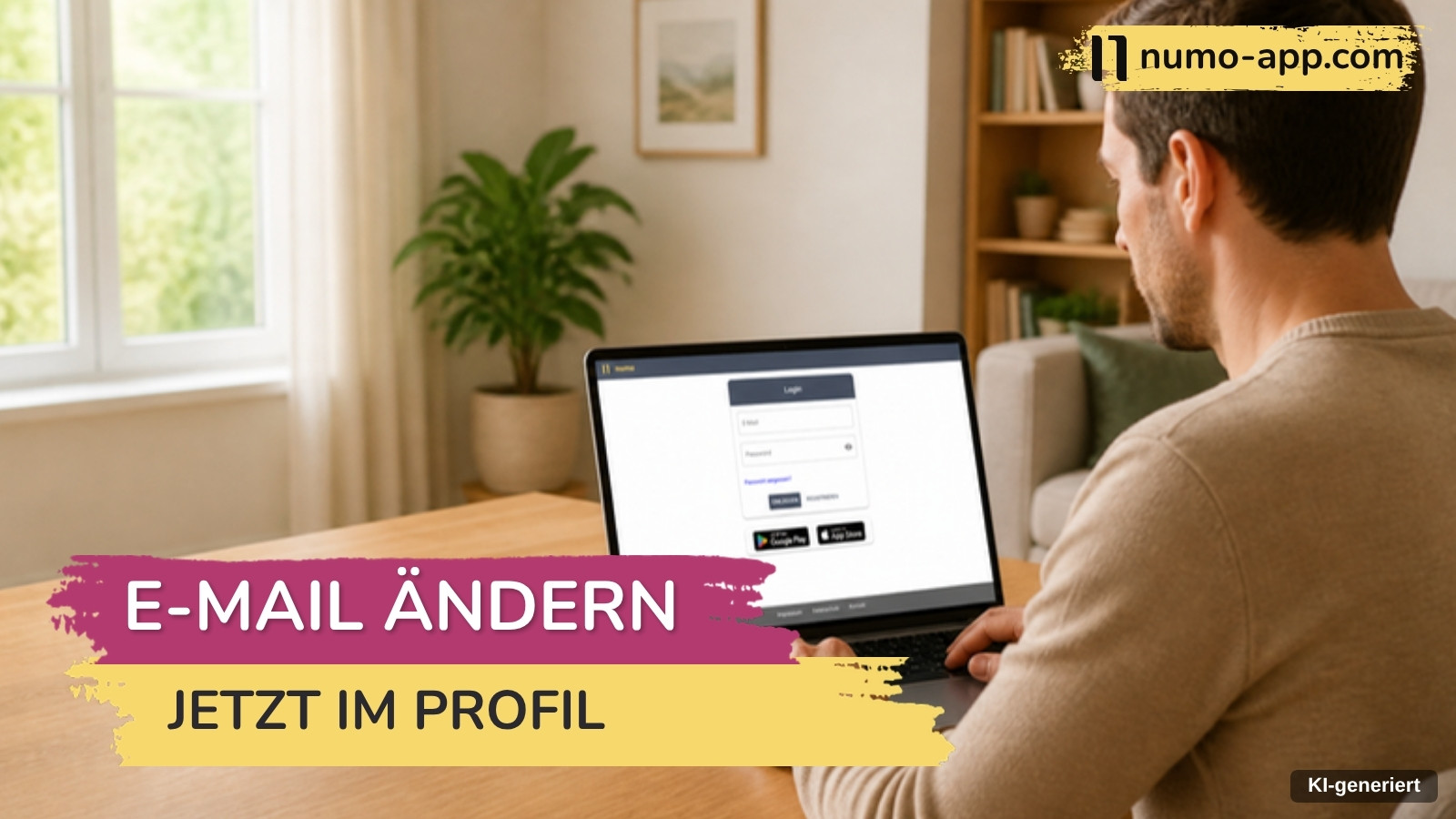 Mann am Holztisch vor aufgeklapptem Laptop mit der Numo-Anmeldeseite, im hellen Zimmer mit Fenster und Zimmerpflanze